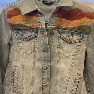 Driftwood Embroidered Western Boho Light Blue Button Front Jacket Pockets Size S